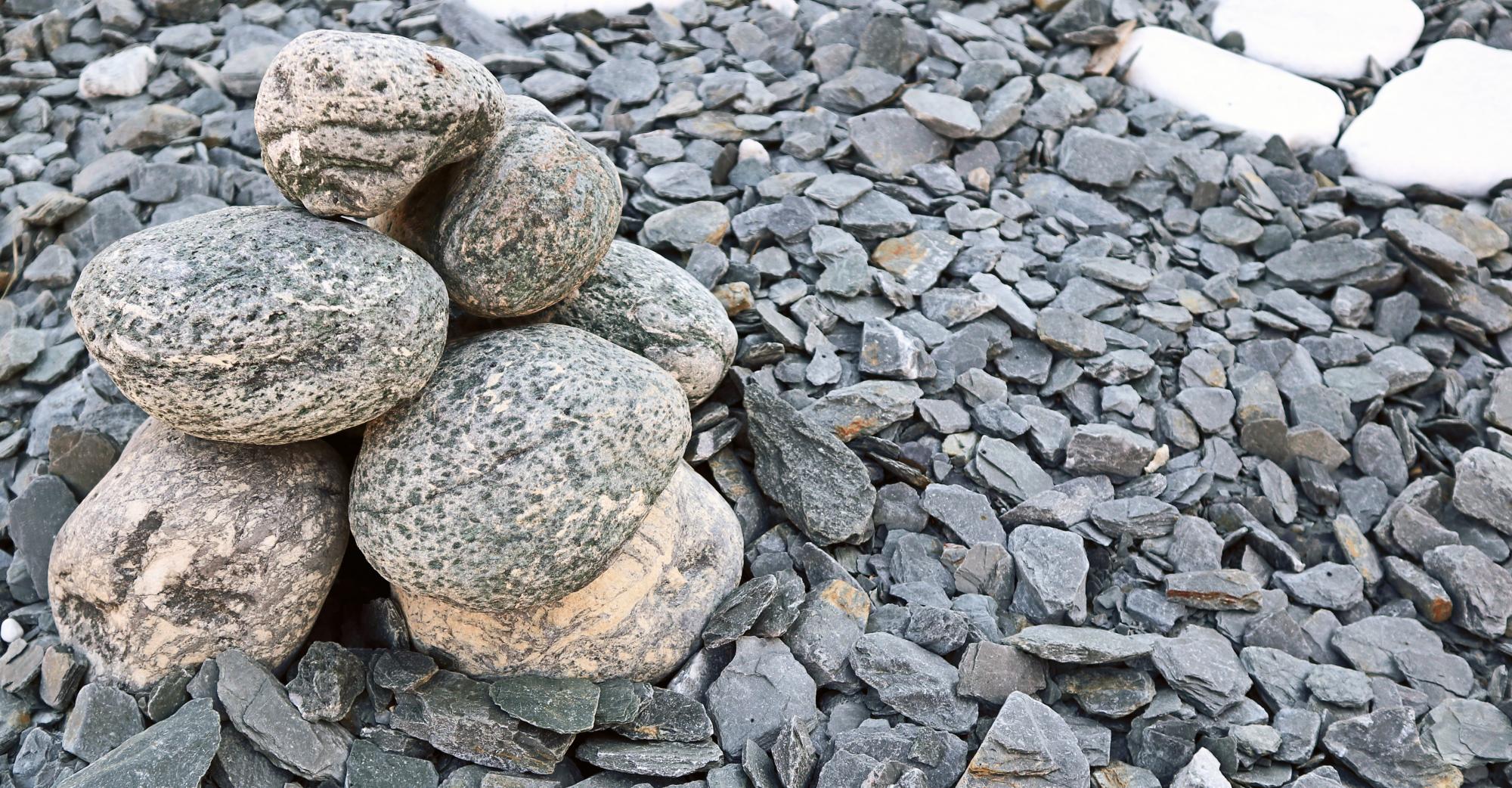 Galets verts sur paillettes de schiste ardoisier