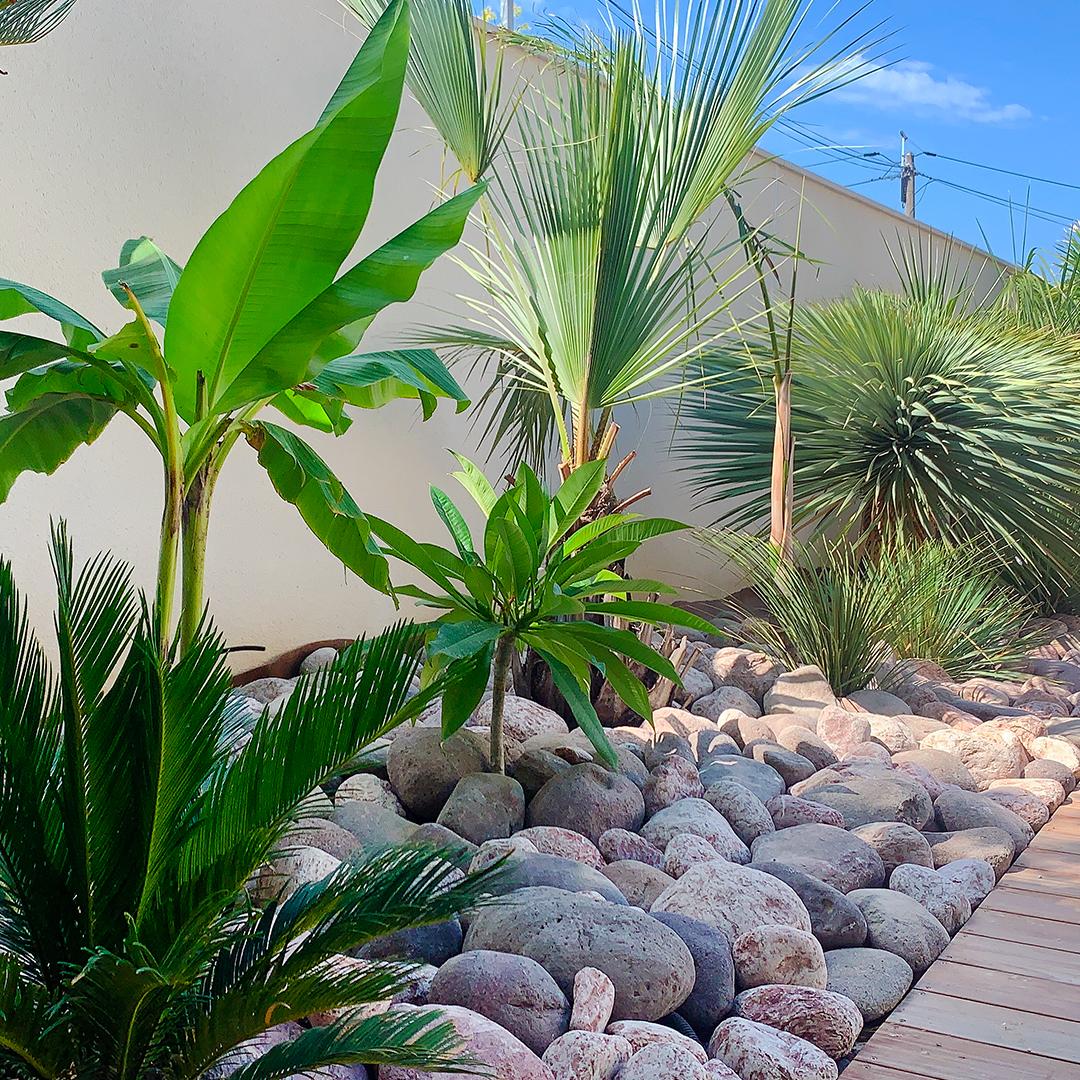 Réalisation paysagiste en galets roses d'Egée et plantes grasses